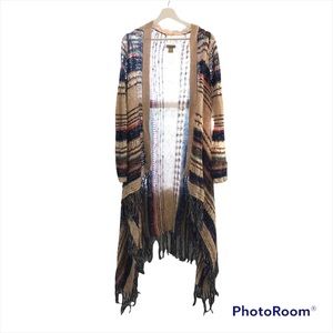 Lucky Brand boho long sweater slouchy open fringe Sz L